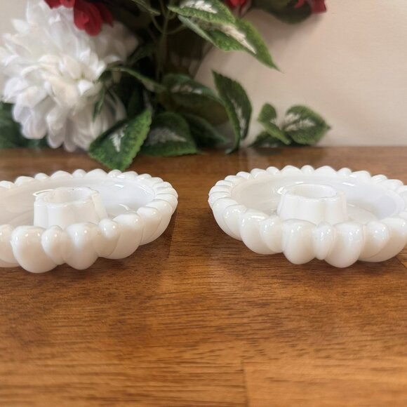 Vintage Hazel Atlas Daisy Glass Candle Holders Pressed Glass Floral Pair Wedding - Picture 4 of 7